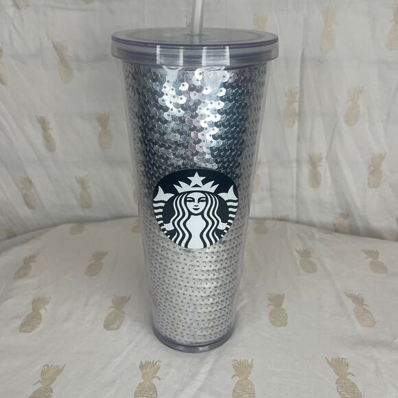 Starbucks Holiday 2017 Limited Edition Silver Sequin 24 oz cold cup NEW STRAW - Picture 1 of 5